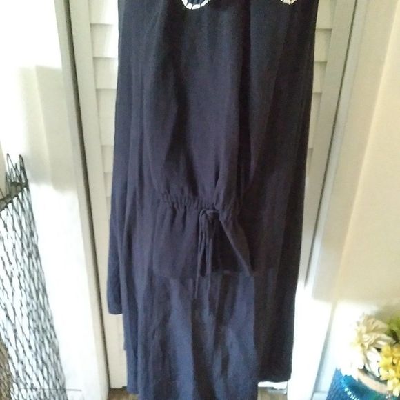 𝅺LOFT Off Shoulder navy pullover daisy collar women Shift Dress tie cuff. Sz. S - Picture 7 of 10